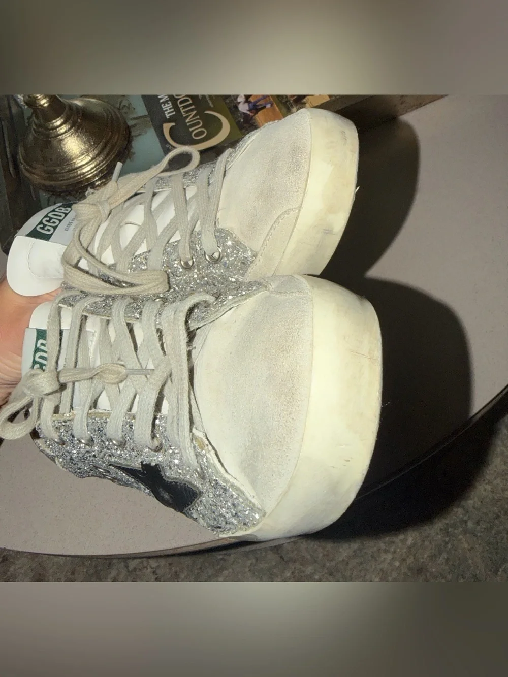 Golden Goose Silver Glitter Low-Top Sneakers with Black Star